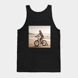 Elderly jolly man on bicycle riding on beach Tank Top